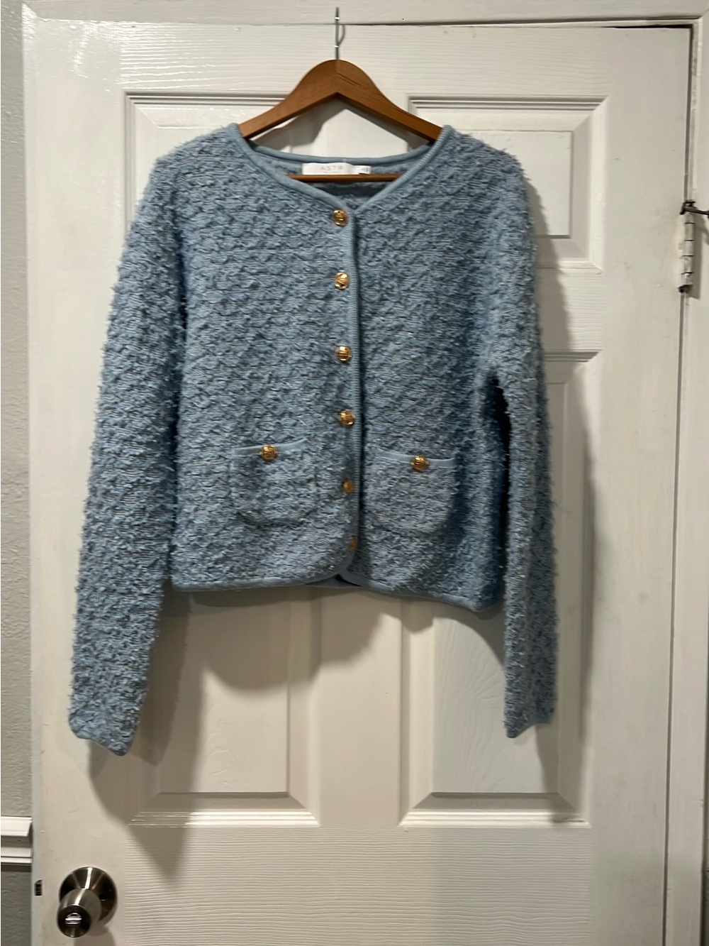 Astr Soft Powder Blue Teddy Jacket with Gold Buttons